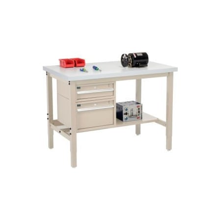 Global Equipment 48 x 36 Production Workbench - Laminate Square Edge - Drawers   Shelf - Tan 319292TN